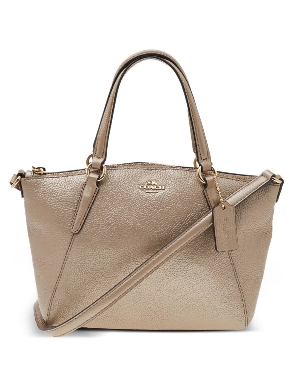 Coach Kelsey Metallic champagne Pebbled Leather Tote with Crossbody Strap EUC